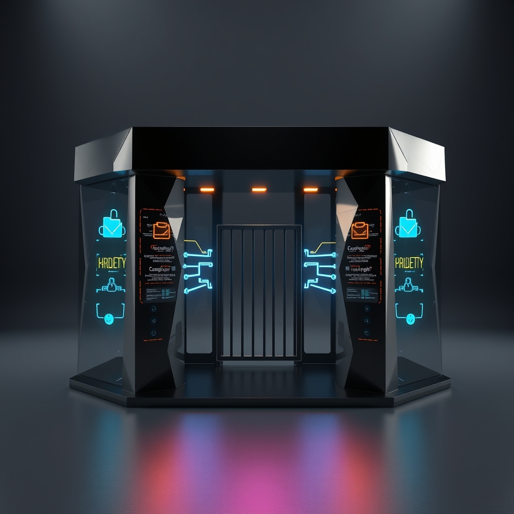 A faceted 3D checkpoint with multiple colored data streams converging toward a heavily restricted gate, illustrating how a single permission controls access to many types of personal data.