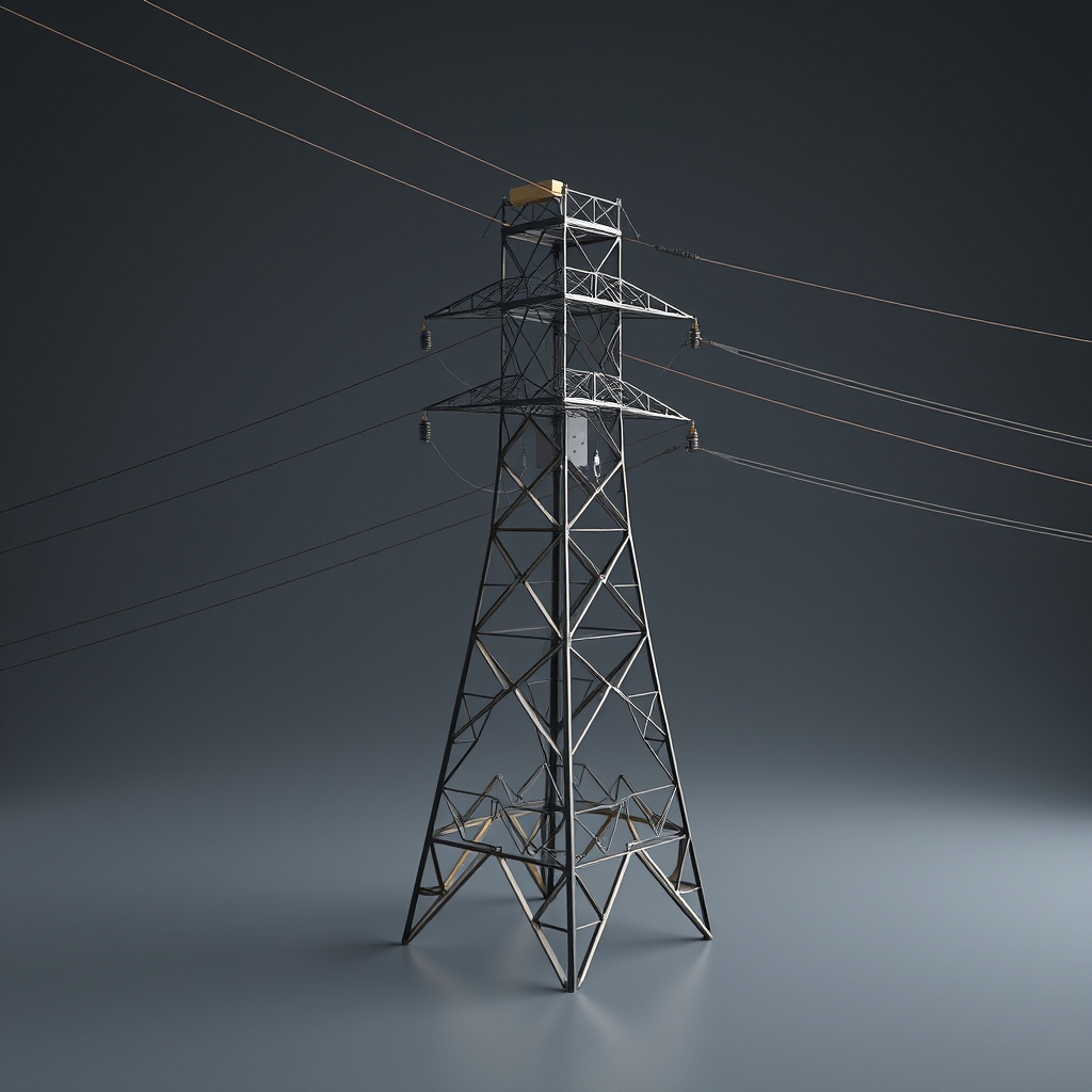 A utility tower with branching power lines—some in sharp geometric form, others blurred with motion—suggesting duplication and acceleration of existing infrastructure pathways.