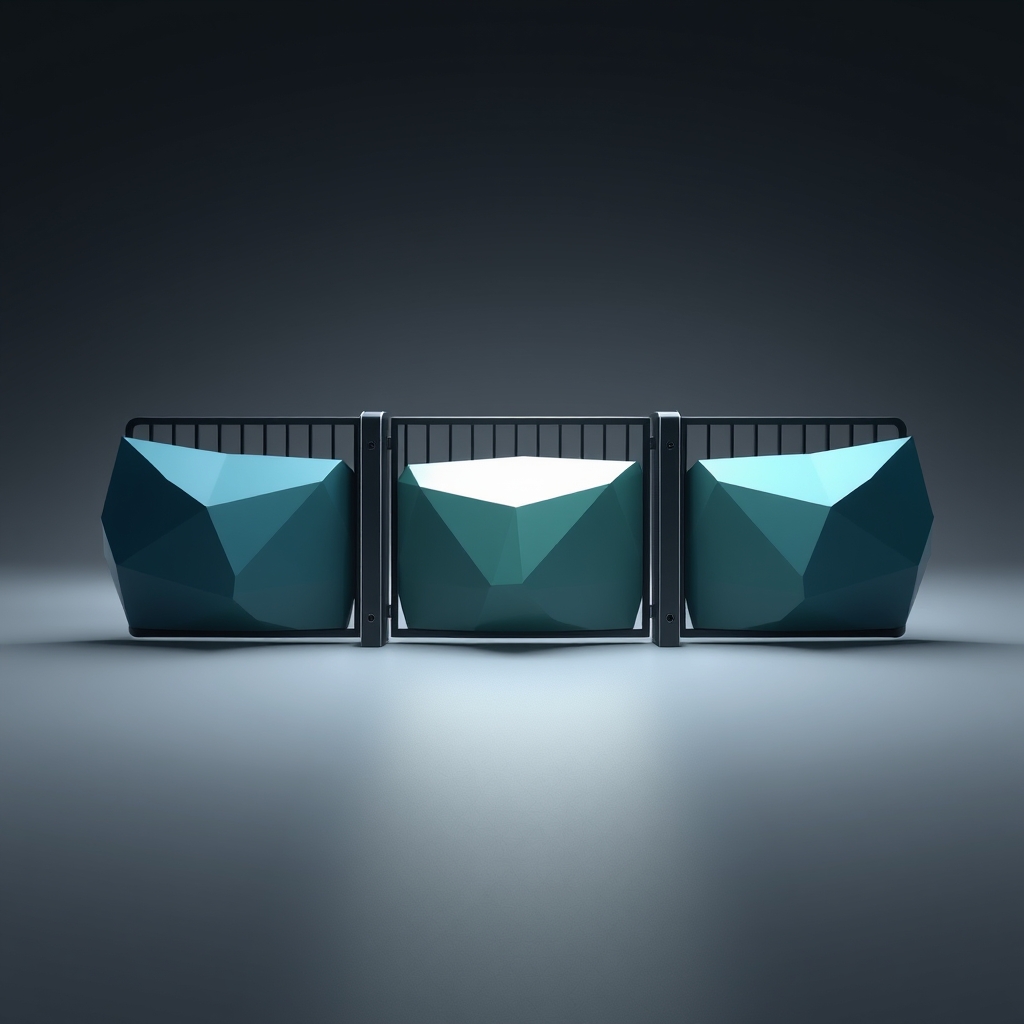 A three-tiered security gate rendered as faceted 3D geometry in blues and greens, with each section rising in height to represent age-based access restrictions.