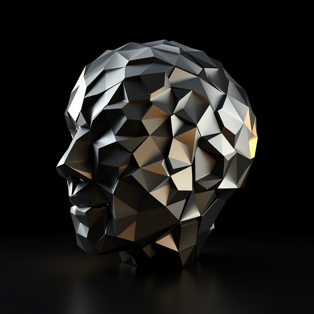 A faceted low-poly geometric head in metallic tones, illustrating how synthesized speech transforms into an animated avatar face.