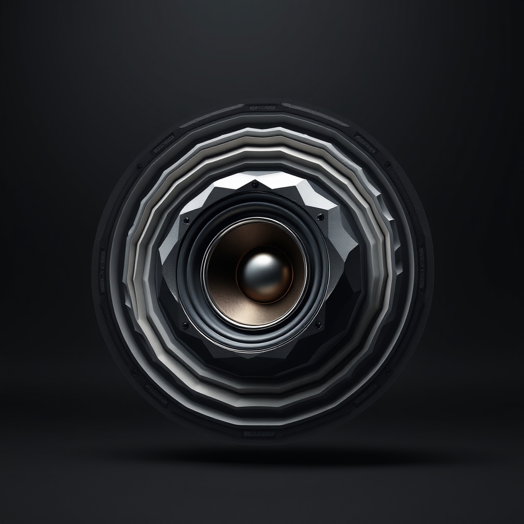 Geometric 3D speaker with concentric sound waves emanating outward; some rings remain crisp and compact while others scatter and fade, representing variable performance metrics.
