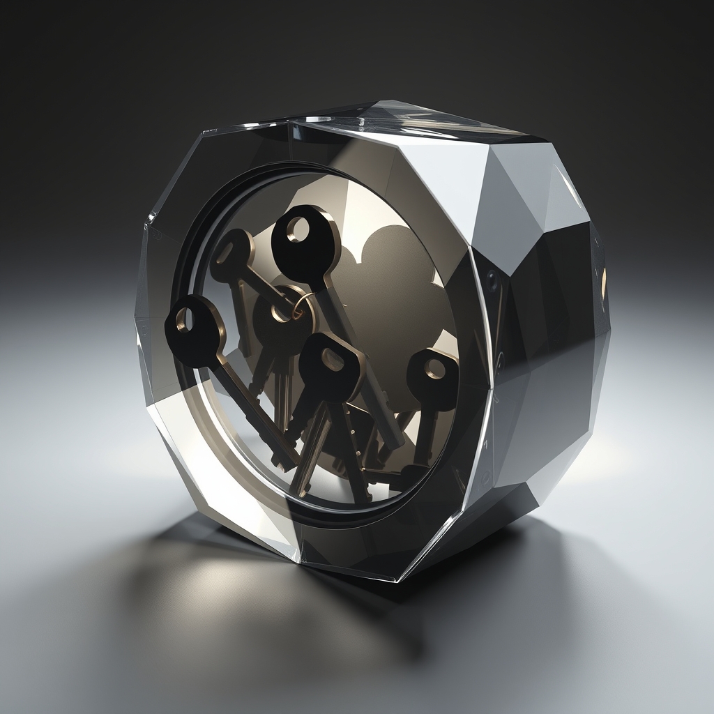 A faceted digital vault rendered in geometric planes: multiple overlapping keys in different transparency levels cast contradictory shadows, illustrating the confusion about how system access actually works.