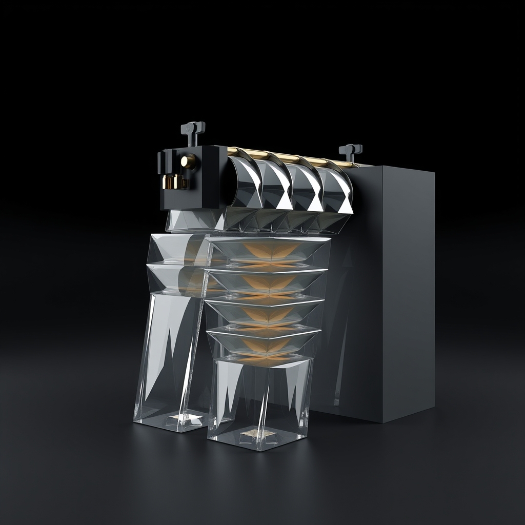 Faceted 3D geometry of a sluice gate with floodgates opening in stages, transparent material cascading downward in parallel geometric layers.
