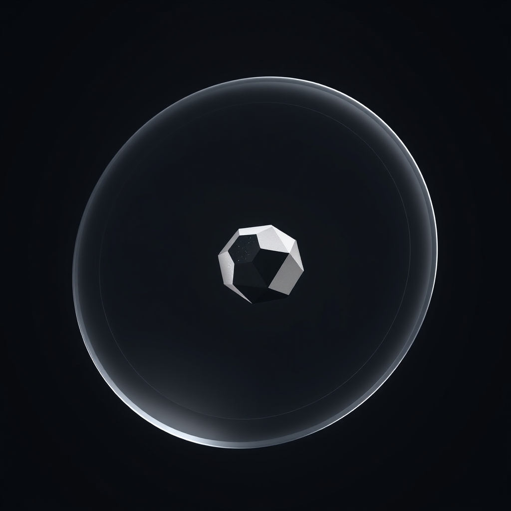 A faceted satellite approaches a translucent boundary in 3D rendering, illustrating an agent working at the edge of its authorized scope.