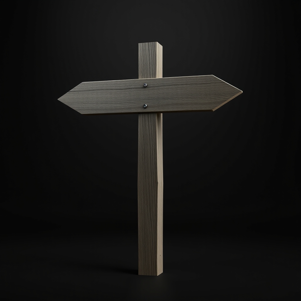 A wooden signpost against a dark background, its single arm pointing in two opposite directions at once.