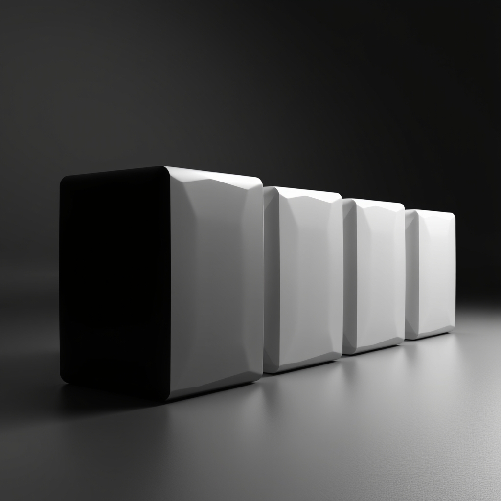 Four rectangular blocks arranged horizontally, the first appearing solid and detailed with harsh studio shadows, each successive block growing progressively more translucent until the last is barely visible, representing information fading through layers.