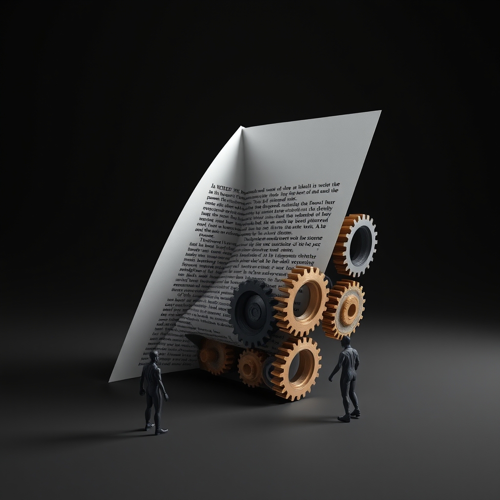 A research paper folding into interlocking gears, representing the conversion of a static publication into an executable tool.
